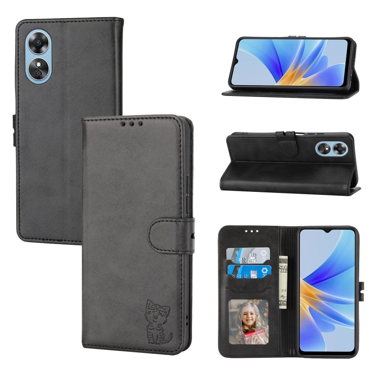 For OPPO A17 Embossed Happy Cat Pattern Flip Leather Phone Case