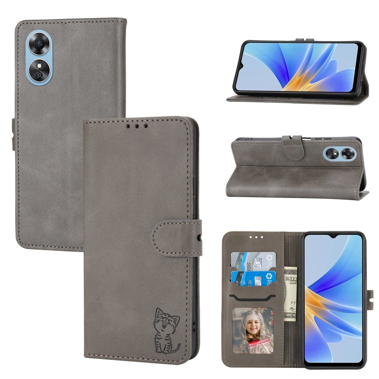 For OPPO A17 Embossed Happy Cat Pattern Flip Leather Phone Case