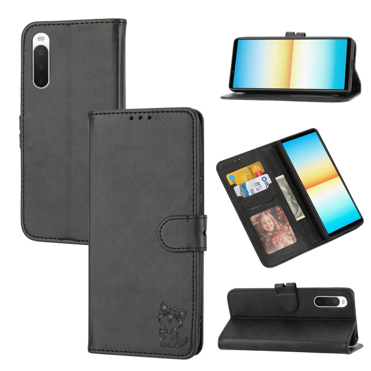 For Sony Xperia 5 IV Embossed Happy Cat Pattern Flip Leather Phone Case