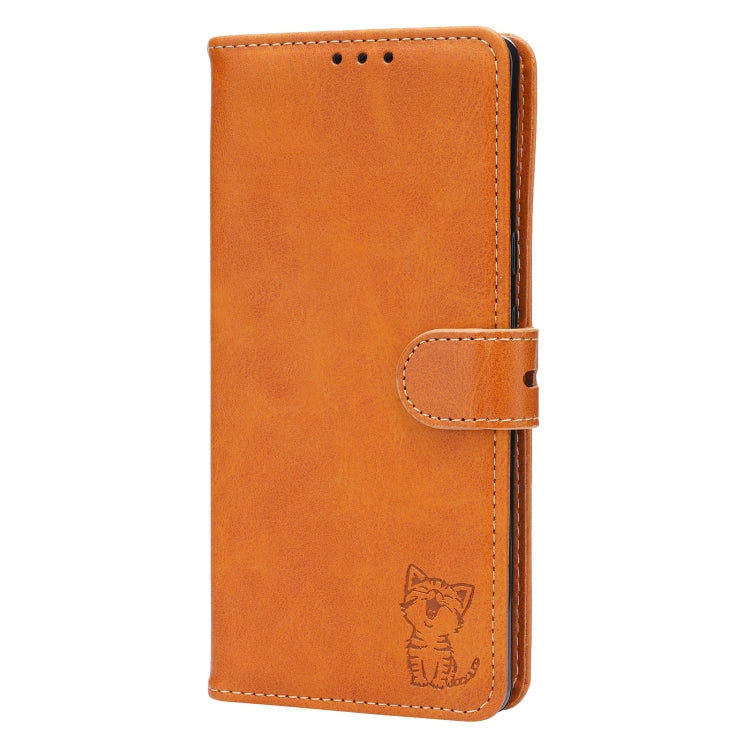 For Google Pixel 7a Embossed Happy Cat Pattern Flip Leather Phone Case