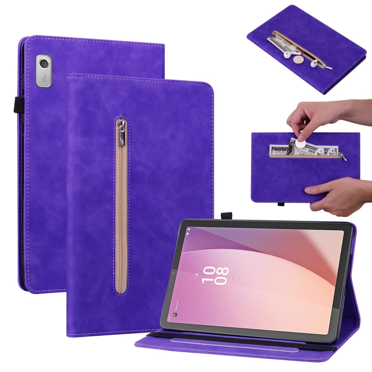 For Lenovo Tab M9 Skin Feel Solid Color Zipper Leather Tablet Case