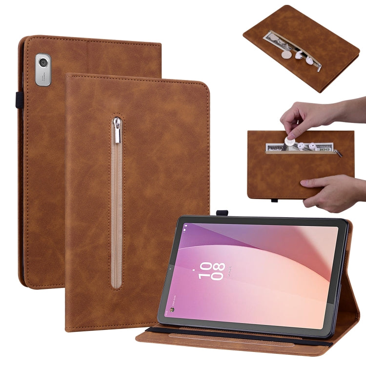 For Lenovo Tab M9 Skin Feel Solid Color Zipper Leather Tablet Case