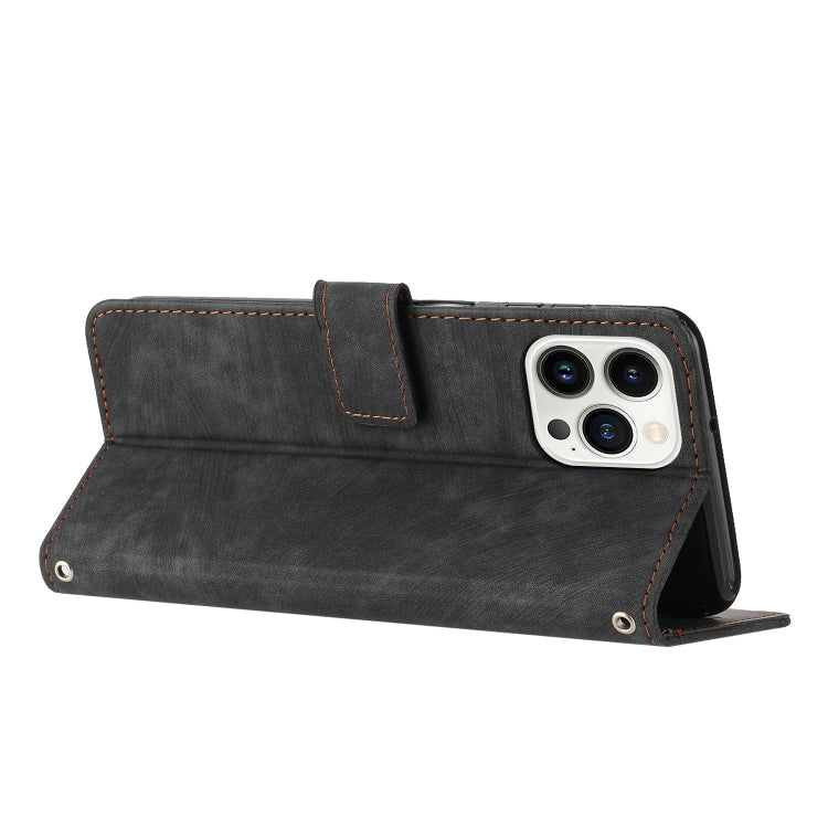 For iPhone 13 Pro Max Skin Feel Stripe Pattern Leather Phone Case with Lanyard