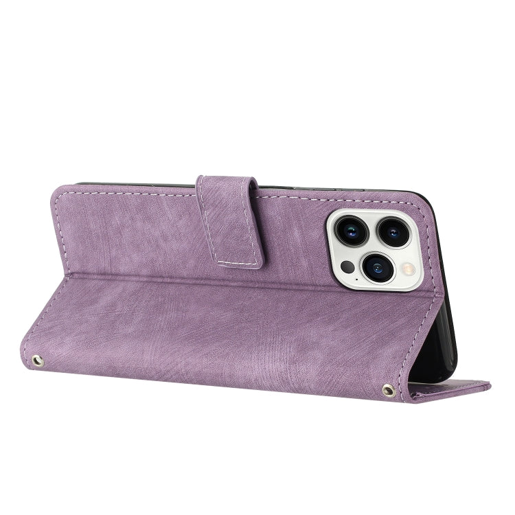 For iPhone 13 Pro Max Skin Feel Stripe Pattern Leather Phone Case with Lanyard