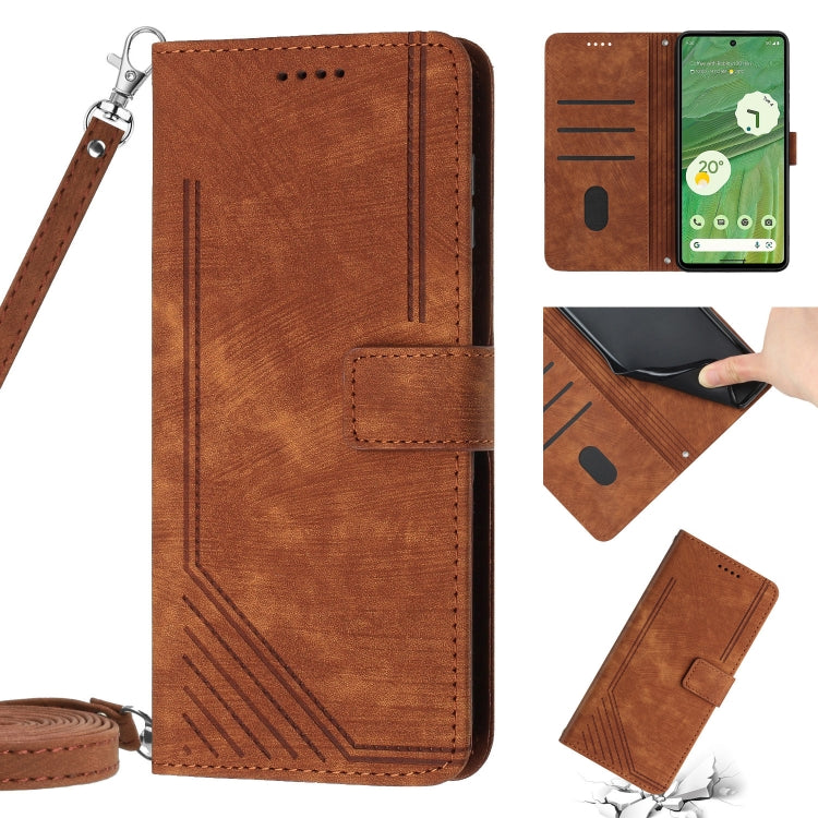 For Google Pixel 7 Pro Skin Feel Stripe Pattern Leather Phone Case with Lanyard