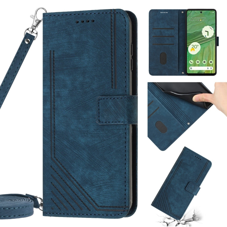 For Google Pixel 7 Pro Skin Feel Stripe Pattern Leather Phone Case with Lanyard