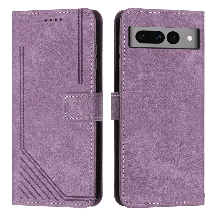 For Google Pixel 7 Pro Skin Feel Stripe Pattern Leather Phone Case with Lanyard