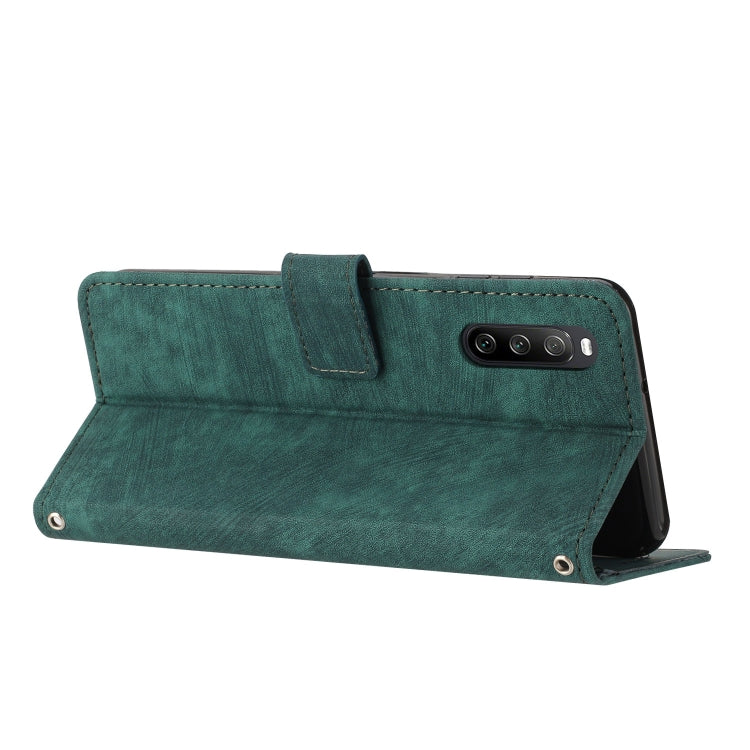 For Sony Xperia 10 IV Skin Feel Stripe Pattern Leather Phone Case with Lanyard