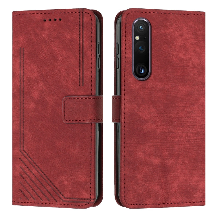 For Sony Xperia 1 V 2023 Skin Feel Stripe Pattern Leather Phone Case with Lanyard