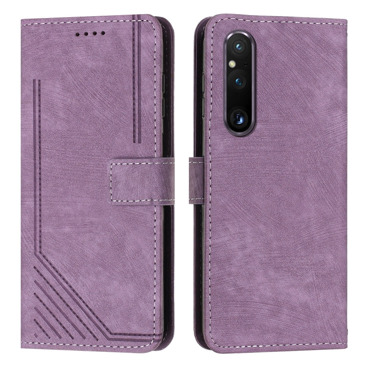 For Sony Xperia 1 V 2023 Skin Feel Stripe Pattern Leather Phone Case with Lanyard
