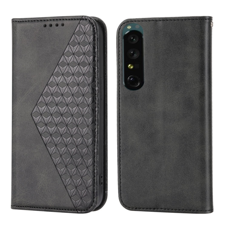 For Sony Xperia 1 V 5G Cubic Grid Calf Texture Magnetic Leather Phone Case