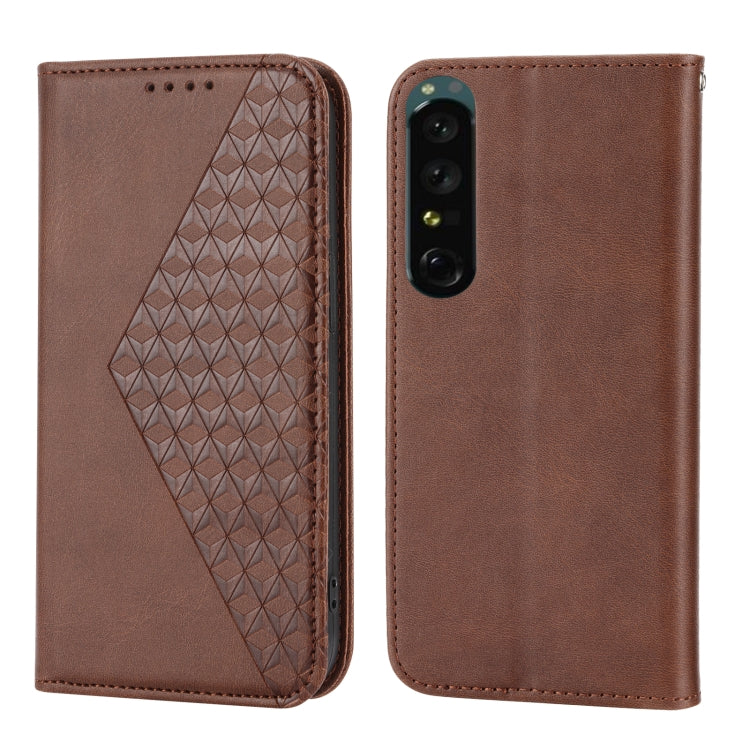 For Sony Xperia 1 V 5G Cubic Grid Calf Texture Magnetic Leather Phone Case