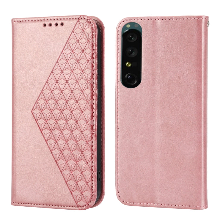 For Sony Xperia 1 V 5G Cubic Grid Calf Texture Magnetic Leather Phone Case
