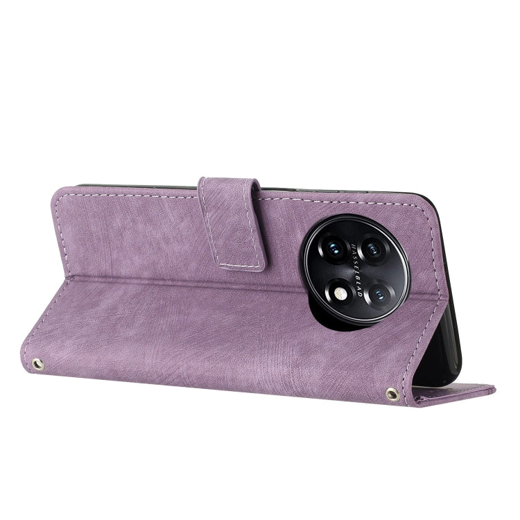 For OnePlus 11 Skin Feel Stripe Pattern Leather Phone Case with Lanyard