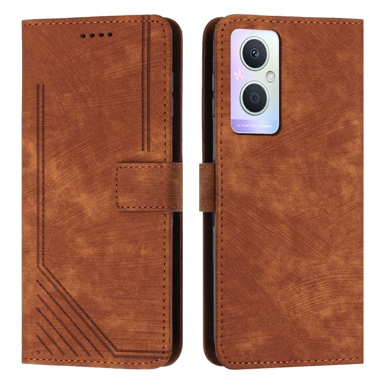 Skin Feel Stripe Pattern Leather Phone Case with Lanyard for OnePlus Nord N20 5G Global / OPPO Reno7 Z 5G/Reno7 Lite 5G/Reno8 Lite 5G Global/F21 Pro 5G India