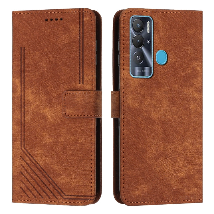 For Tecno Pova Neo Skin Feel Stripe Pattern Leather Phone Case with Lanyard
