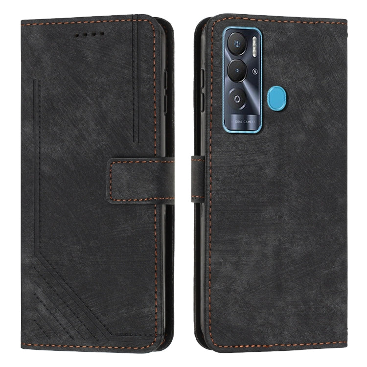 For Tecno Pova Neo Skin Feel Stripe Pattern Leather Phone Case with Lanyard