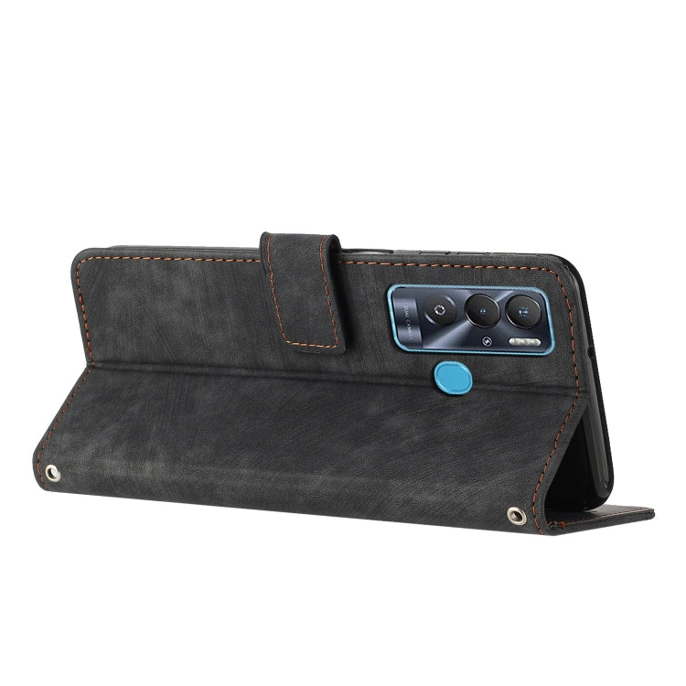 For Tecno Pova Neo Skin Feel Stripe Pattern Leather Phone Case with Lanyard