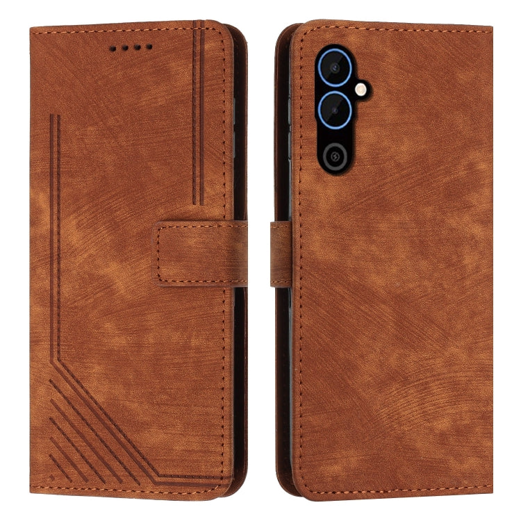 For Tecno Pova 4 Skin Feel Stripe Pattern Leather Phone Case with Lanyard