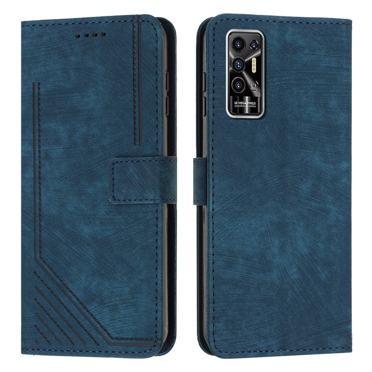 For Tecno Pova 2 Skin Feel Stripe Pattern Leather Phone Case with Lanyard