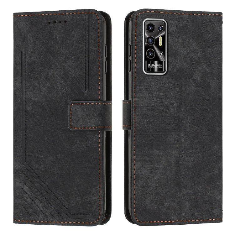 For Tecno Pova 2 Skin Feel Stripe Pattern Leather Phone Case with Lanyard