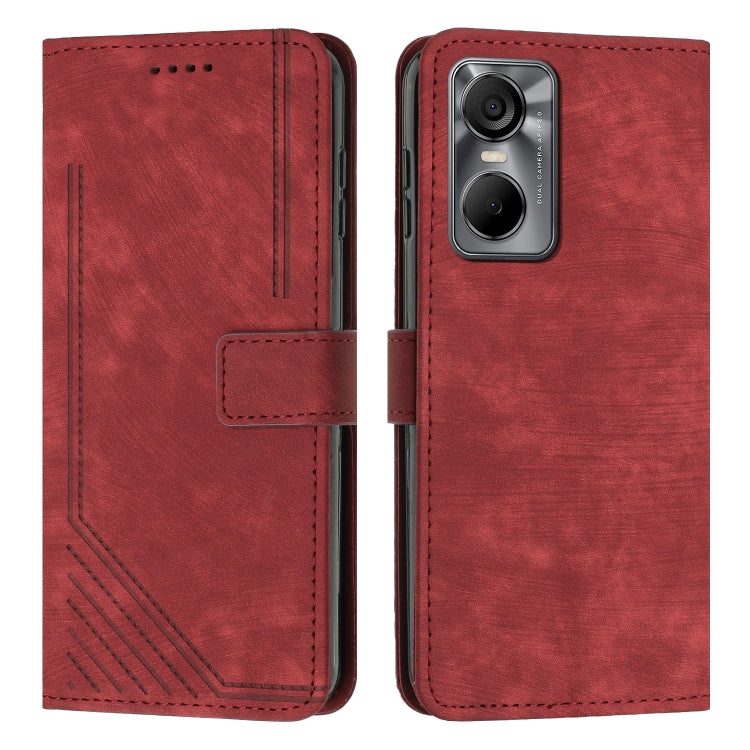 For Tecno Pop 6 Pro Skin Feel Stripe Pattern Leather Phone Case with Lanyard