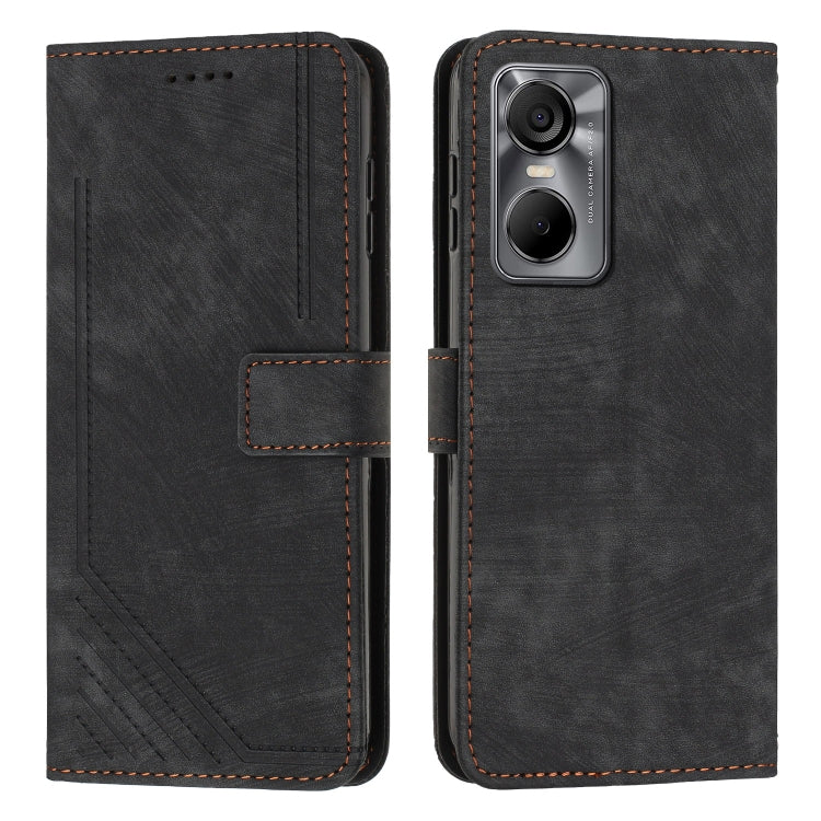 For Tecno Pop 6 Pro Skin Feel Stripe Pattern Leather Phone Case with Lanyard