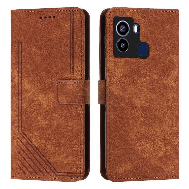 For Tecno Pop 6 Skin Feel Stripe Pattern Leather Phone Case with Lanyard