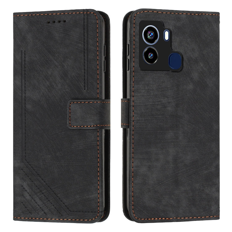 For Tecno Pop 6 Skin Feel Stripe Pattern Leather Phone Case with Lanyard