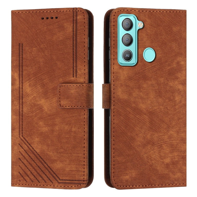 For Tecno Pop 5 LTE Skin Feel Stripe Pattern Leather Phone Case with Lanyard