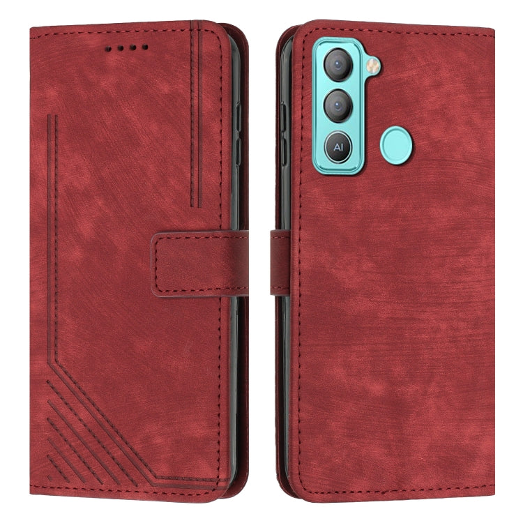 For Tecno Pop 5 LTE Skin Feel Stripe Pattern Leather Phone Case with Lanyard