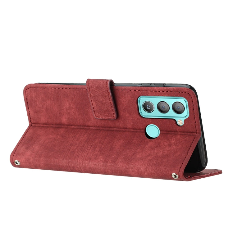 For Tecno Pop 5 LTE Skin Feel Stripe Pattern Leather Phone Case with Lanyard