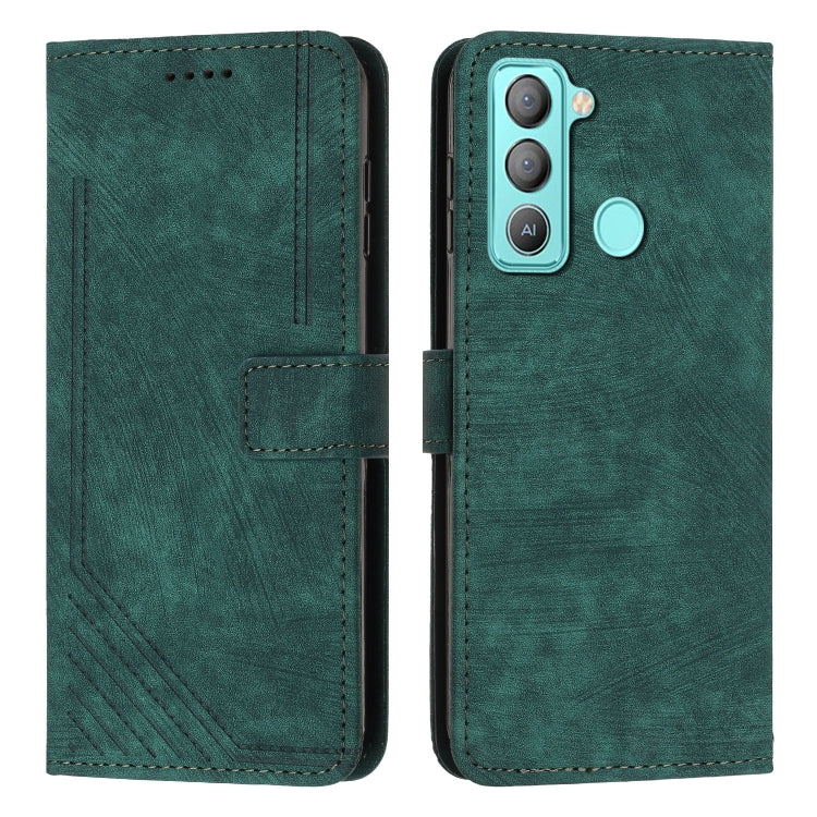 For Tecno Pop 5 LTE Skin Feel Stripe Pattern Leather Phone Case with Lanyard