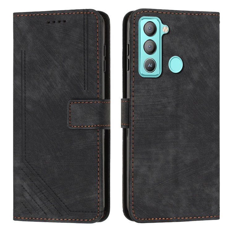 For Tecno Pop 5 LTE Skin Feel Stripe Pattern Leather Phone Case with Lanyard