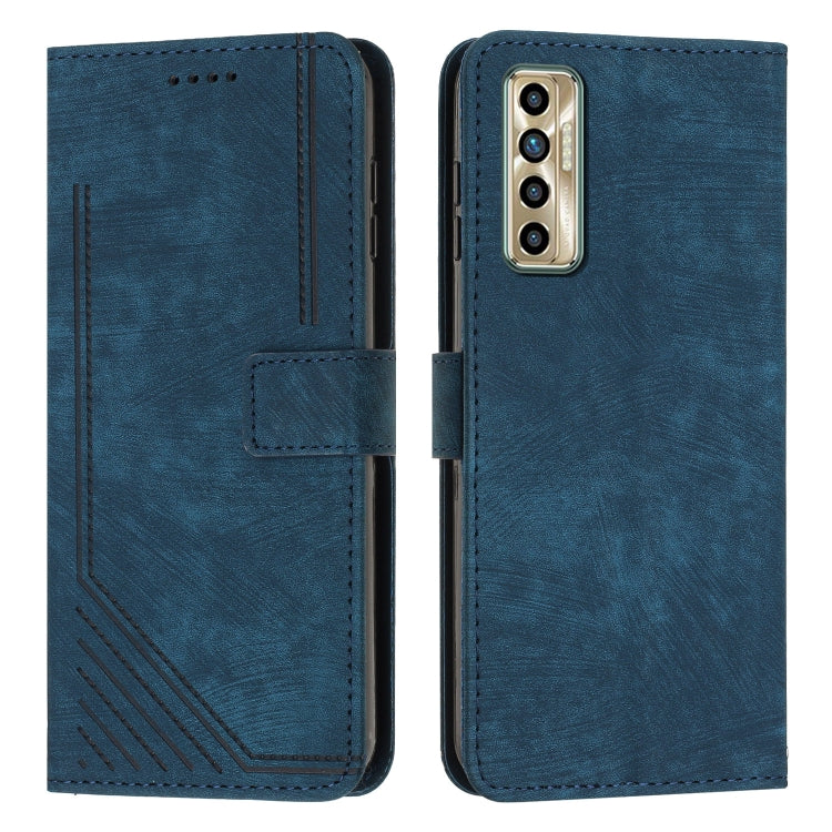 For Tecno Camon 17P / 17 Pro Skin Feel Stripe Pattern Leather Phone Case with Lanyard