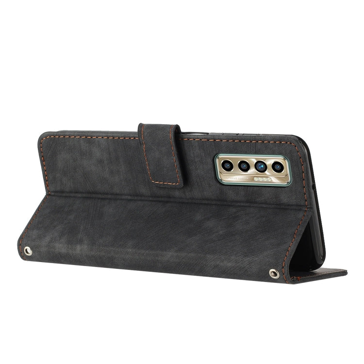 For Tecno Camon 17P / 17 Pro Skin Feel Stripe Pattern Leather Phone Case with Lanyard