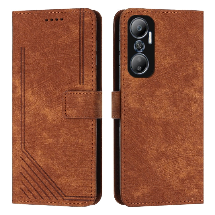 For Infinix Hot 20 4G Skin Feel Stripe Pattern Leather Phone Case with Lanyard