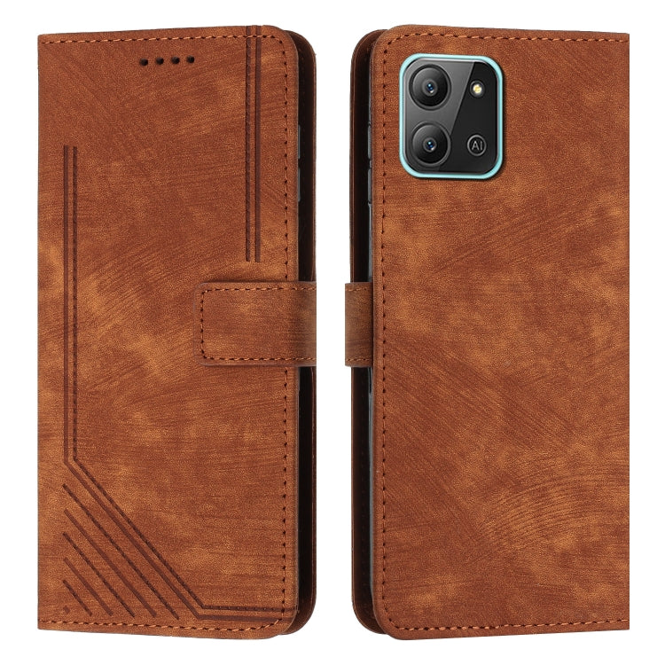 For Infinix Hot 11 2022 Skin Feel Stripe Pattern Leather Phone Case with Lanyard