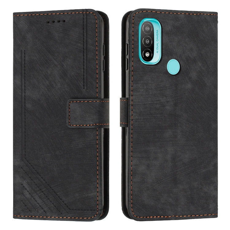 For Motorola Moto E20 / E30 / E40 Skin Feel Stripe Pattern Leather Phone Case with Lanyard