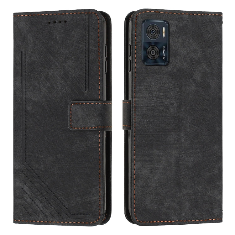 For Motorola Moto E22 / E22i Skin Feel Stripe Pattern Leather Phone Case with Lanyard