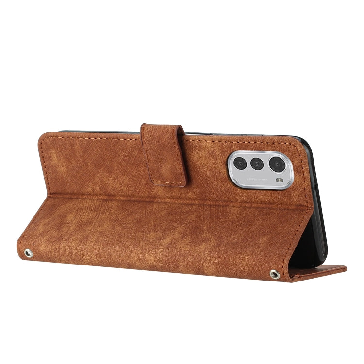 For Motorola Moto E32 Skin Feel Stripe Pattern Leather Phone Case with Lanyard