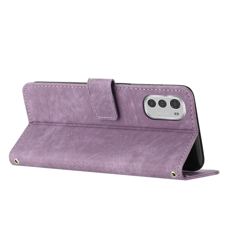 For Motorola Moto E32 Skin Feel Stripe Pattern Leather Phone Case with Lanyard