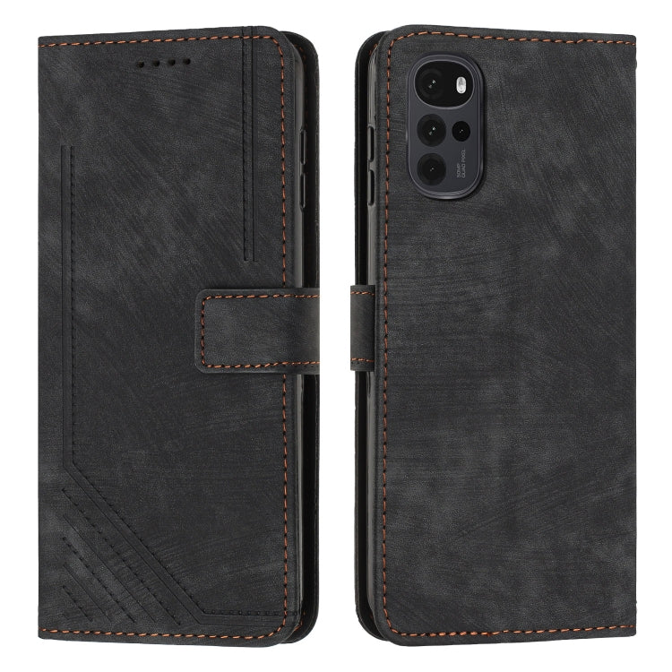 For Motorola Moto G22 Skin Feel Stripe Pattern Leather Phone Case with Lanyard