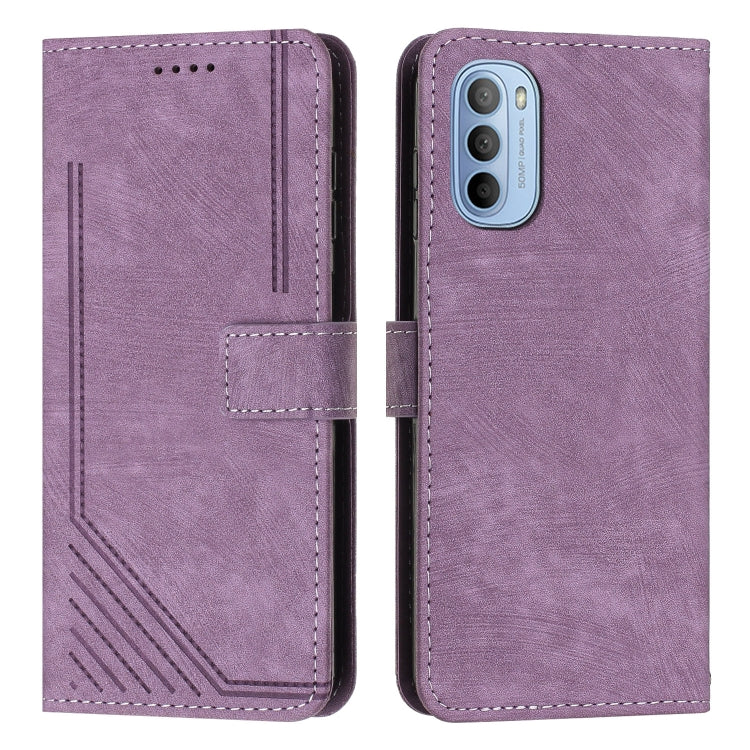 For Motorola Moto G51 5G Skin Feel Stripe Pattern Leather Phone Case with Lanyard