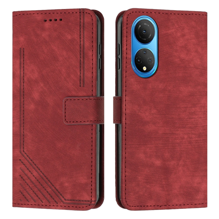 For Honor X7 4G / Play 30 Plus Skin Feel Stripe Pattern Leather Phone Case with Lanyard