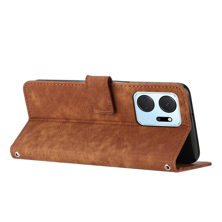 For Honor X7a 4G Global Skin Feel Stripe Pattern Leather Phone Case with Lanyard