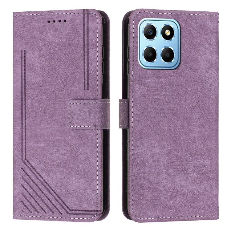 For Honor X8 5G / Play6C 5G / X6 4G Skin Feel Stripe Pattern Leather Phone Case with Lanyard