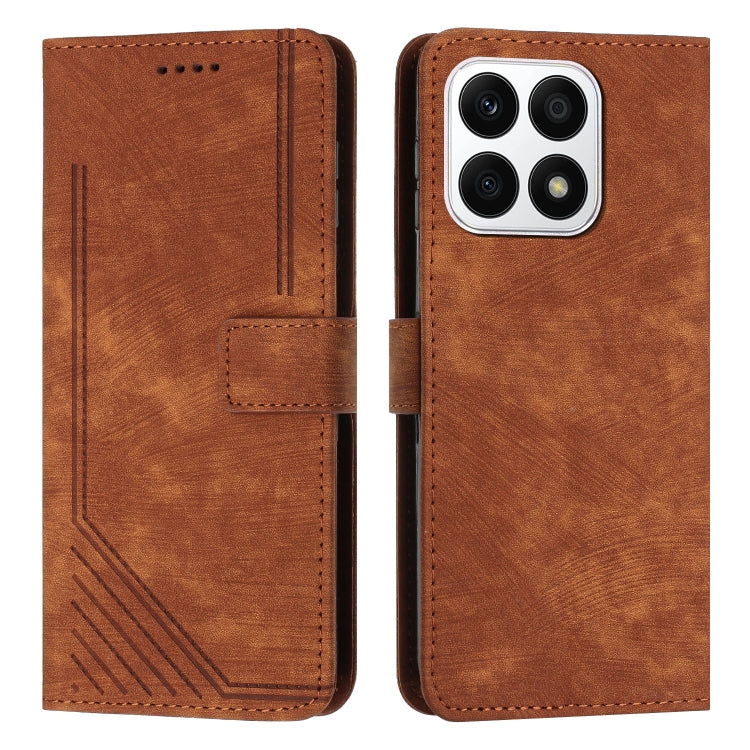 For Honor X8a 4G Global Skin Feel Stripe Pattern Leather Phone Case with Lanyard