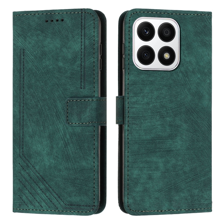 For Honor X8a 4G Global Skin Feel Stripe Pattern Leather Phone Case with Lanyard