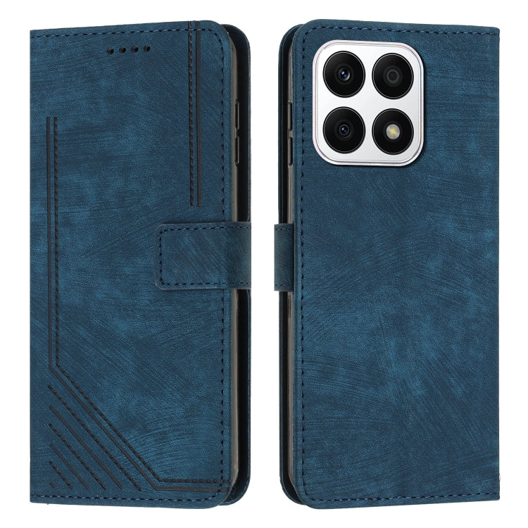 For Honor X8a 4G Global Skin Feel Stripe Pattern Leather Phone Case with Lanyard